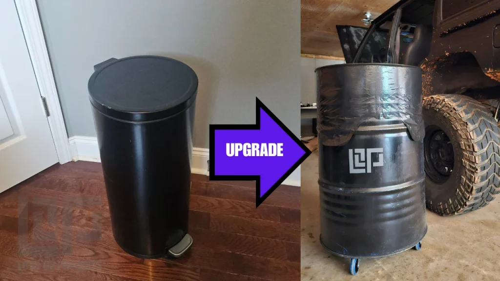 Black 55 Gallon garbage can next to old flip open garbage can